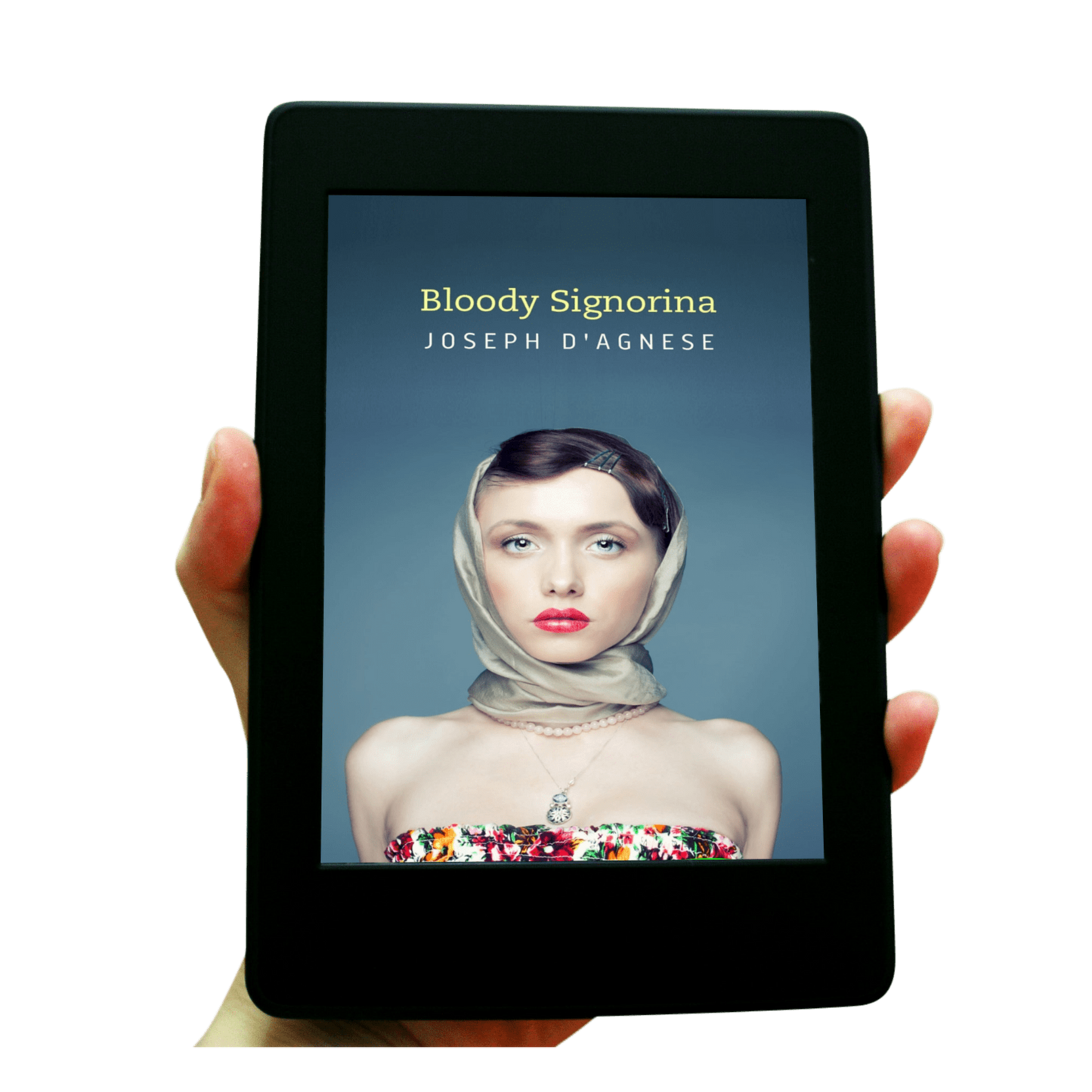 Bloody Signorina book cover by Joseph D'Agnese, featuring a white woman with a gamine haircut, bright red lipstick, and bare shoulders against a blue background. Her icy, detached blue-gray eyes suggest a sociopathic gaze, symbolizing a short mystery story about a beautiful, deadly woman in Rome.