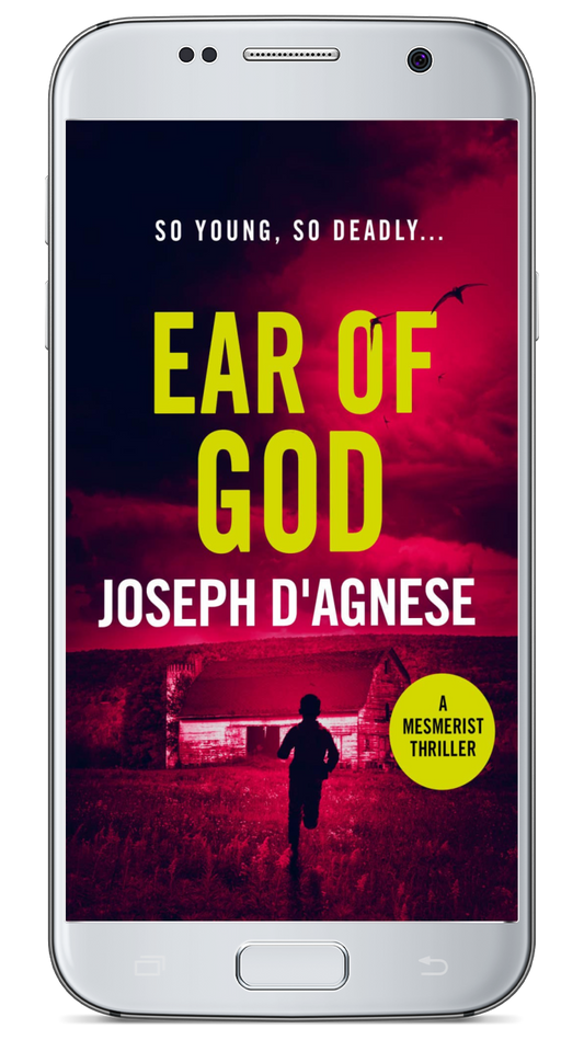 Ear of God book cover by Joseph D'Agnese, featuring a young boy running toward a ramshackle barn under an ominous night sky filled with dark birds, set against a blood-red backdrop, symbolizing a high-stakes paranormal thriller with a child in peril.