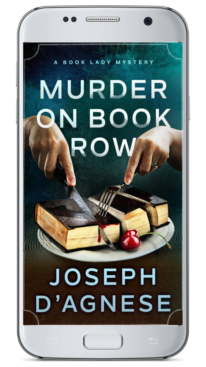 Murder on Book Row book cover by Joseph D'Agnese, featuring a surreal illustration of a hardcover book shaped like a giant squishy pastry on a plate, being sliced by a fork and knife held by a pair of hands. A tiny red cherry sits on the plate, and a trickle of blood oozes from between the book's cover and pages, symbolizing a cozy foodie mystery with a twist of murder.