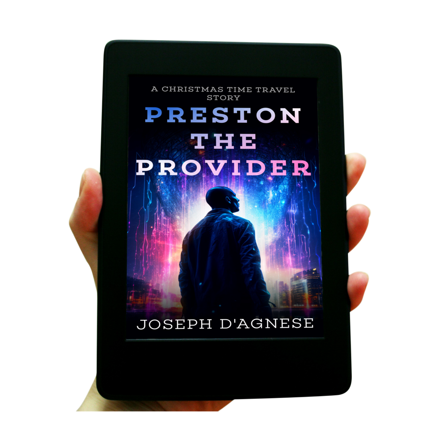 Preston the Provider book cover by Joseph D'Agnese, featuring a young Black man with a shaved head staring up at a glowing, futuristic cityscape enflamed with red, white, and icy blue lightning. The image symbolizes a heartwarming Christmas time-travel novella where a geeky hero bends time to save his family.