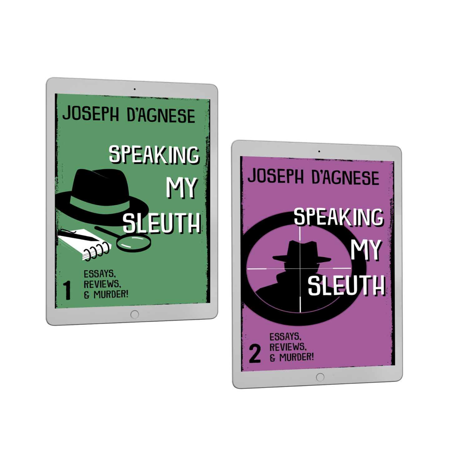 Speaking My Sleuth Bundle book covers by Joseph D'Agnese, featuring a 3D mockup of two digital ebooks: 'Speaking My Sleuth #1' and '#2' sitting side-by-side. The covers feature a green background with mystery icons (fedora, magnifying glass) and a purple background with a figure in a trench coat, symbolizing a physical collection of essays on mystery writing and literary history.