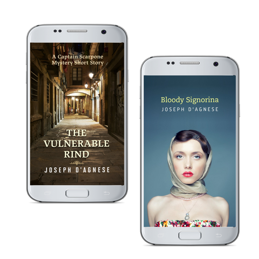 Captain Scarpone Italian Mystery Digital Bundle book covers by Joseph D'Agnese, featuring a digital collage of two ebook covers: a woman with a headscarf, and a nighttime view of a mysterious Roman cobblestoned street lined with twinkling shops. Symbolizes a digital collection of supernatural Italian mysteries and exclusive short stories.