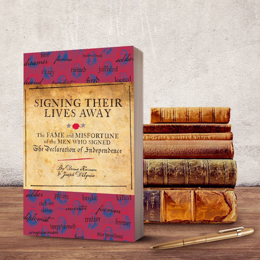 Signing Their Lives Away and Signing Their Rights Away bundle — two autographed hardcover books standing upright, displaying dust jackets with thumbnail portraits of Declaration of Independence and U.S. Constitution signers