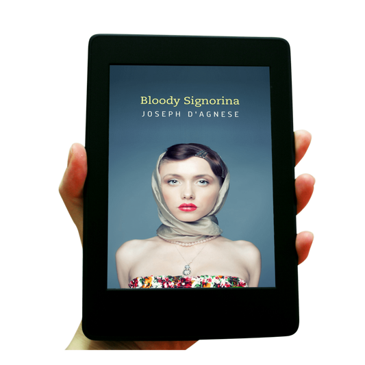 Bloody Signorina book cover by Joseph D'Agnese, featuring a white woman with a gamine haircut, bright red lipstick, and bare shoulders against a blue background. Her icy, detached blue-gray eyes suggest a sociopathic gaze, symbolizing a short mystery story about a beautiful, deadly woman in Rome.