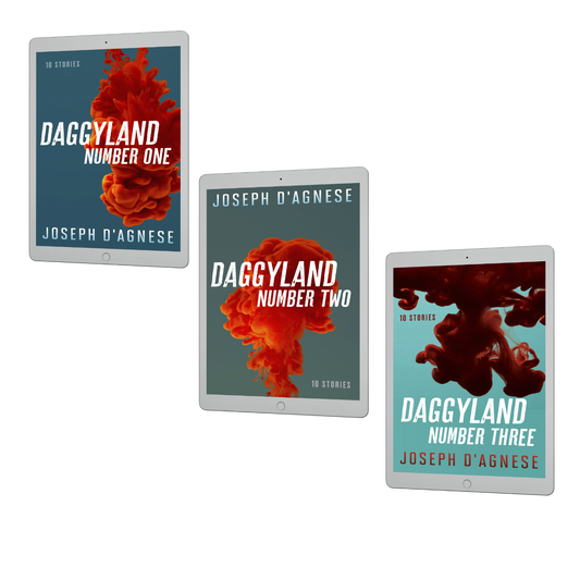 The Daggyland Digital Bundle book covers by Joseph D'Agnese, 3D mockups of three ebooks: 'Daggyland #1, #2, and #3' side by side. The covers feature abstract red blood splashes on blue and teal backgrounds, symbolizing a digital collection of 30 diverse mystery and sci-fi short stories.