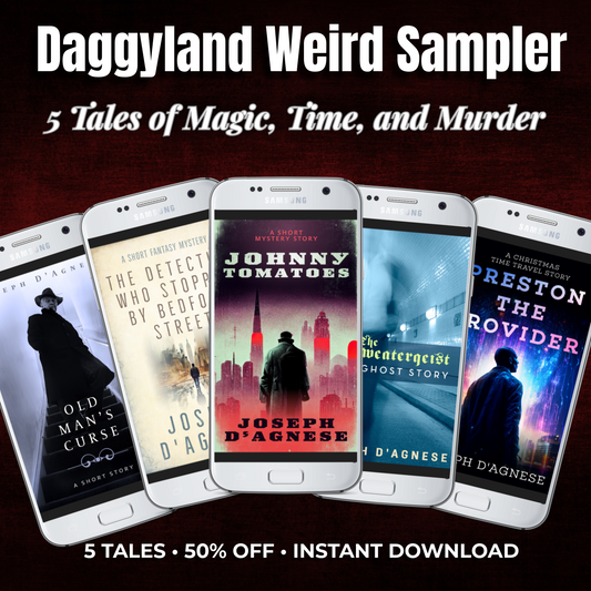 The Daggyland Weird Tales Sampler digital bundle displayed on three 3D smartphone screens against a moody, deep red grunge background. The screens show the vibrant, eye-catching ebook covers of five supernatural stories featuring magic, time travel, and mystery.