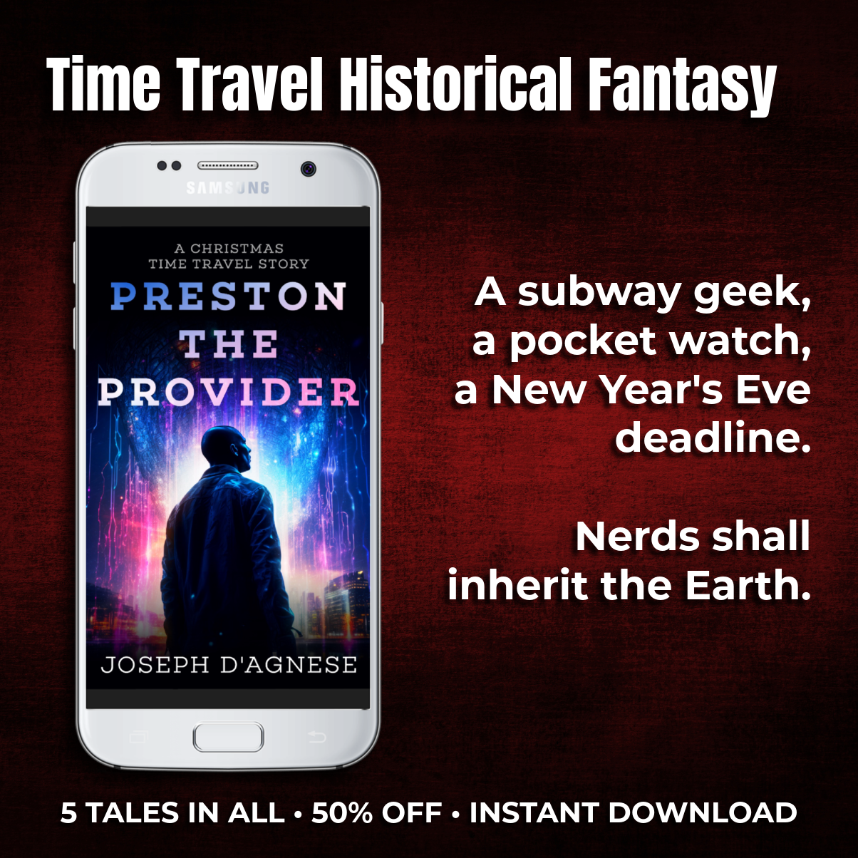 Preston the Provider ebook cover on a 3D smartphone against a moody red textured background. The cover young black man against a magical city background filled with lights, illustrating a time travel adventure.