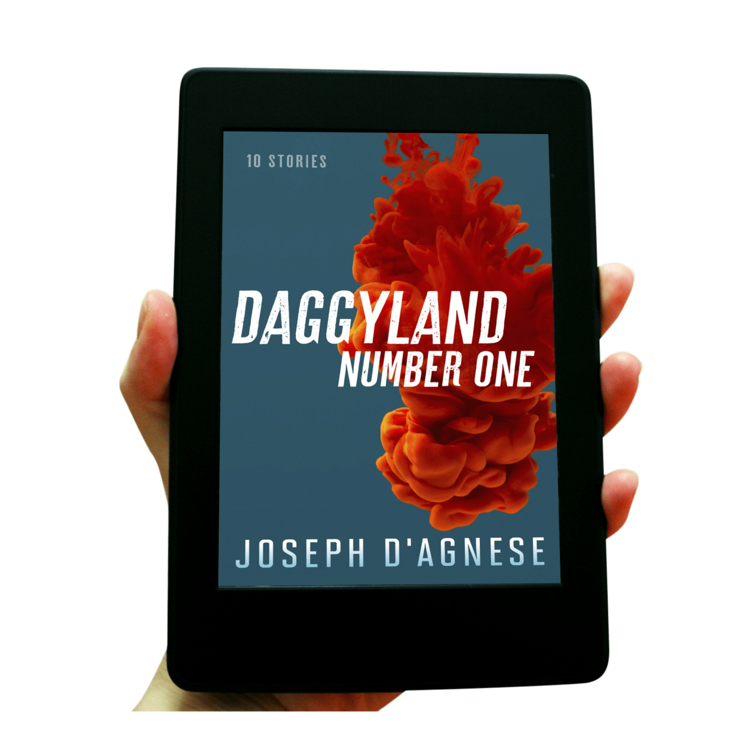 Daggyland #1 book cover by Joseph D'Agnese, featuring an abstract design with a large, artistic splash of ripe red blood descending against a bright blue background. The title is written in a distressed, slanted, streetwise font that appears to be scurrying off the page, symbolizing a gritty collection of 10 mystery short stories.