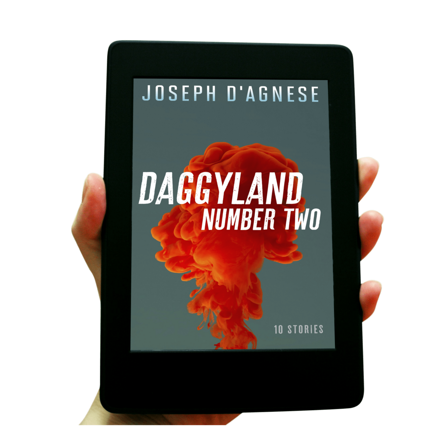 Daggyland #2 book cover by Joseph D'Agnese, featuring an abstract design with a large, artistic splash of ripe red blood ascending from the bottom against a bright blue background. The title is written in a distressed, slanted, streetwise font that appears to be scurrying off the page, symbolizing a diverse collection of 10 mystery short stories ranging from comedy to historical intrigue.
