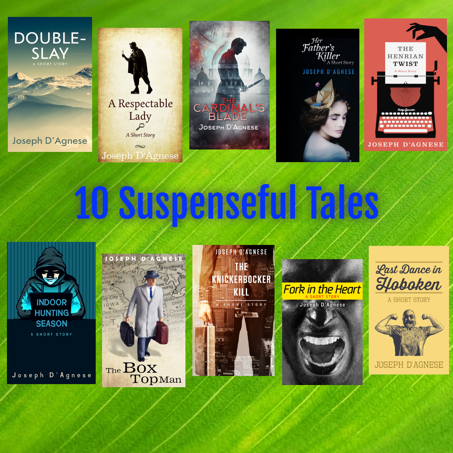 The Daggyland Digital Bundle book covers by Joseph D'Agnese, depicting all the individual short story covers included in volume 2 of the series. The covers feature crime fiction tropes such as Sherlock Holmes, knife-wielding figures, and screaming characters, suggestive of the content in this collection of 30 diverse mystery and sci-fi short stories.