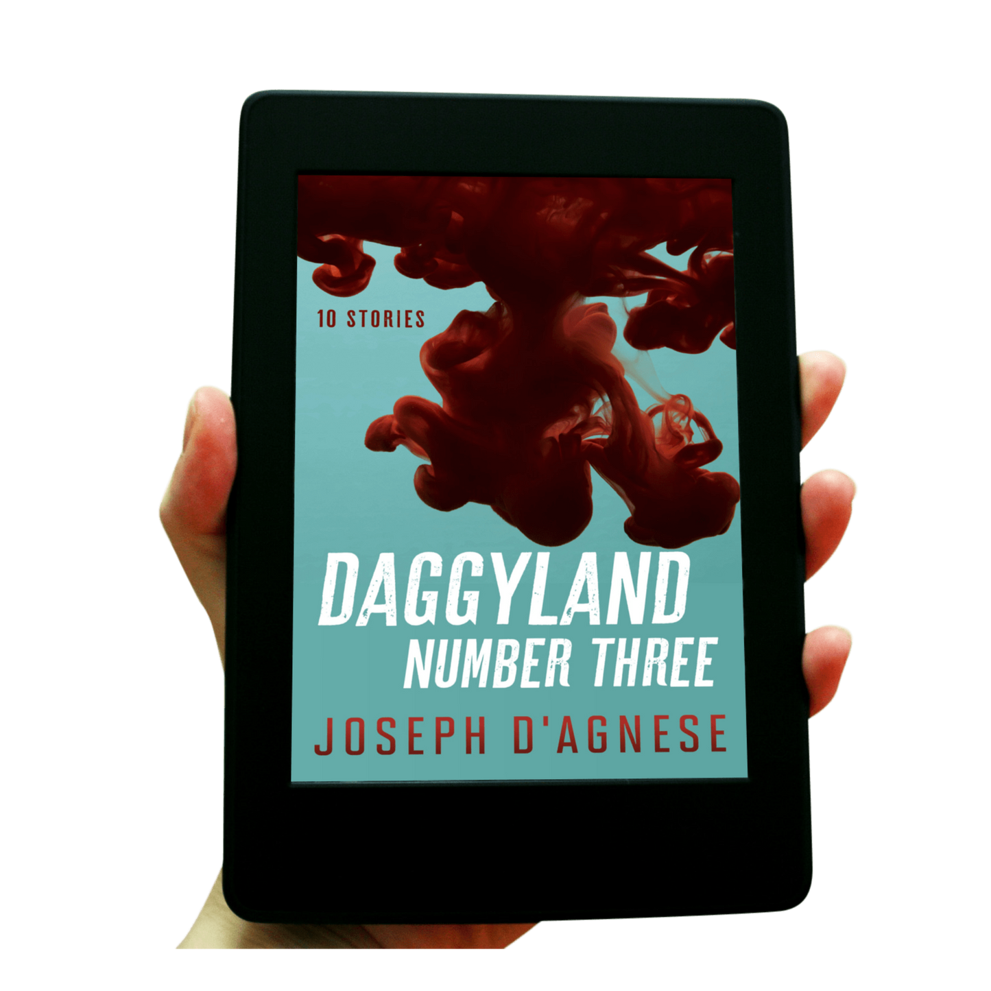 Daggyland #3 book cover by Joseph D'Agnese, featuring an abstract design with a large, artistic splash of ripe red blood descending from the bottom like a reverse mushroom cloud against a teal background. The title is written in a distressed, slanted, streetwise font that appears to be scurrying off the page, symbolizing a diverse collection of 10 mystery, sci-fi, and historical stories.