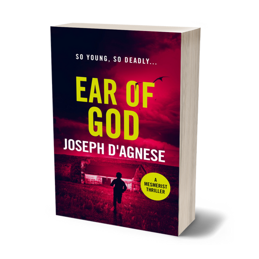 Ear of God book cover by Joseph D'Agnese, featuring a young boy running toward a ramshackle barn under an ominous night sky filled with dark birds, set against a blood-red backdrop, symbolizing a high-stakes paranormal thriller with a child in peril.