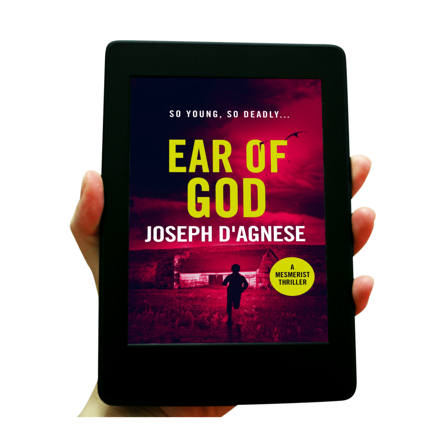 Ear of God book cover by Joseph D'Agnese, featuring a young boy running toward a ramshackle barn under an ominous night sky filled with dark birds, set against a blood-red backdrop, symbolizing a high-stakes paranormal thriller with a child in peril.