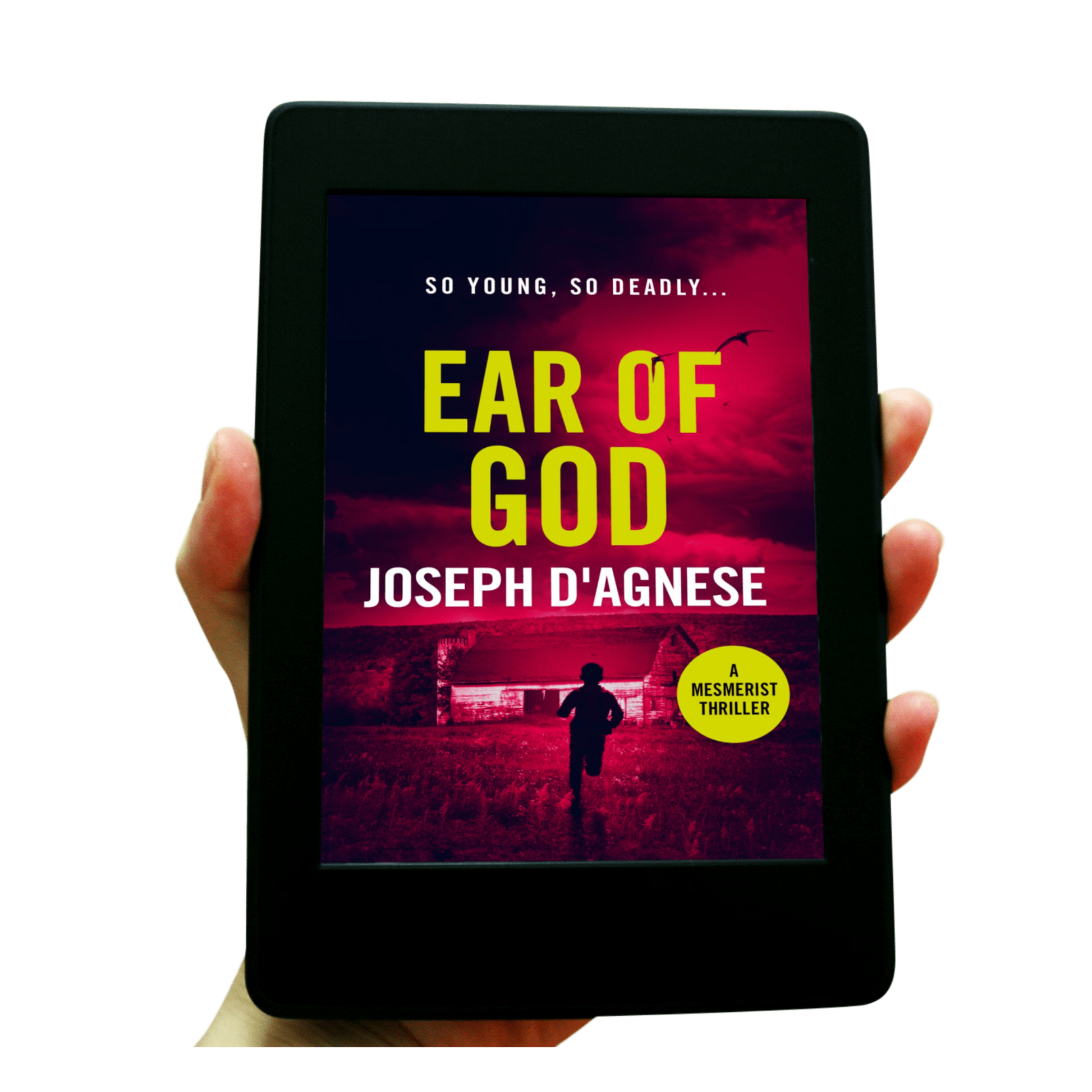 Ear of God book cover by Joseph D'Agnese, featuring a young boy running toward a ramshackle barn under an ominous night sky filled with dark birds, set against a blood-red backdrop, symbolizing a high-stakes paranormal thriller with a child in peril.