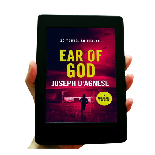 Ear of God book cover by Joseph D'Agnese, featuring a young boy running toward a ramshackle barn under an ominous night sky filled with dark birds, set against a blood-red backdrop, symbolizing a high-stakes paranormal thriller with a child in peril.
