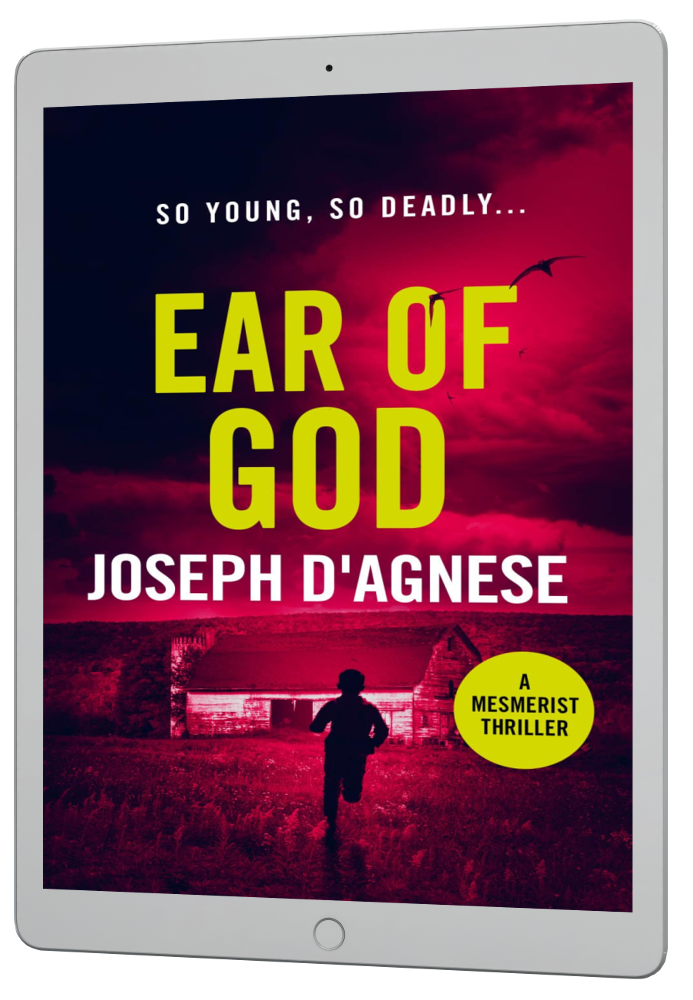 Ear of God book cover by Joseph D'Agnese, featuring a young boy running toward a ramshackle barn under an ominous night sky filled with dark birds, set against a blood-red backdrop, symbolizing a high-stakes paranormal thriller with a child in peril.