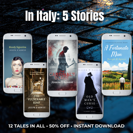 In Italy: 5 short stories set in Italy by Joseph D'Agnese, including Bloody Signorina and The Cardinal's Blade, ebook covers displayed on wet cobblestone background,