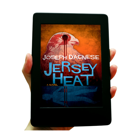Jersey Heat paperback book cover by Joseph D'Agnese, featuring a stylized bird of prey, blood splatter, and the outline of a murder victim submerged under water. Symbolizes an eco-thriller with quirky characters, high-stakes crime fiction, and gritty suspense.