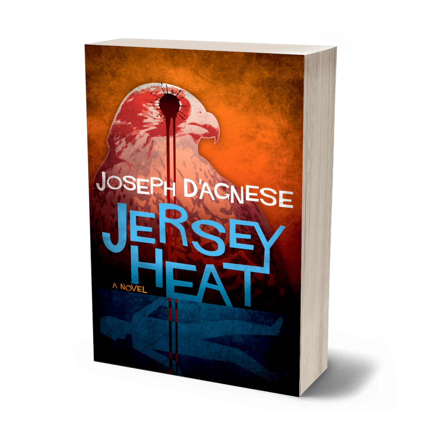 Jersey Heat paperback book cover by Joseph D'Agnese, featuring a stylized bird of prey, blood splatter, and the outline of a murder victim submerged under water. Symbolizes an eco-thriller with quirky characters, high-stakes crime fiction, and gritty suspense.