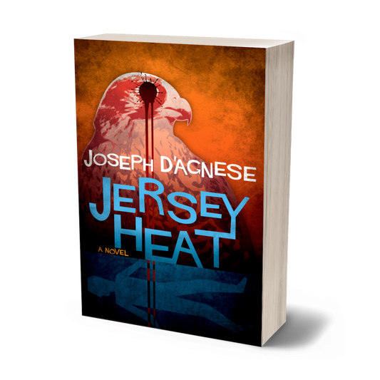 Jersey Heat paperback book cover by Joseph D'Agnese, featuring a stylized bird of prey, blood splatter, and the outline of a murder victim submerged under water. Symbolizes an eco-thriller with quirky characters, high-stakes crime fiction, and gritty suspense.