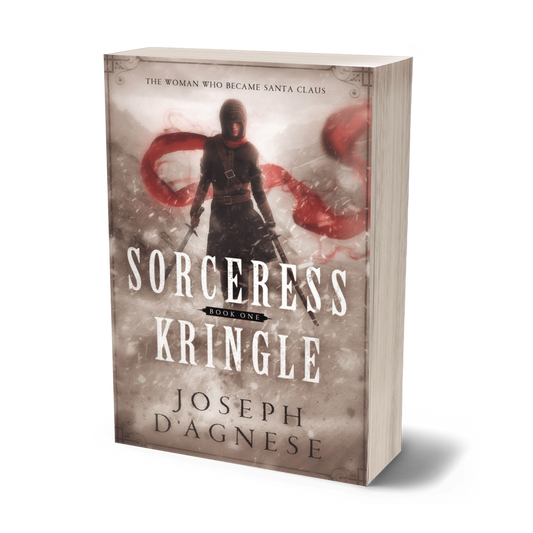 Sorceress Kringle book cover by Joseph D'Agnese, featuring a female warrior in leather armor brandishing two swords (one steel, one wooden) against a wintry snowstorm backdrop. A red scarf flutters in the wind, symbolizing an epic adult fantasy origin story of Santa Claus with action and magic.