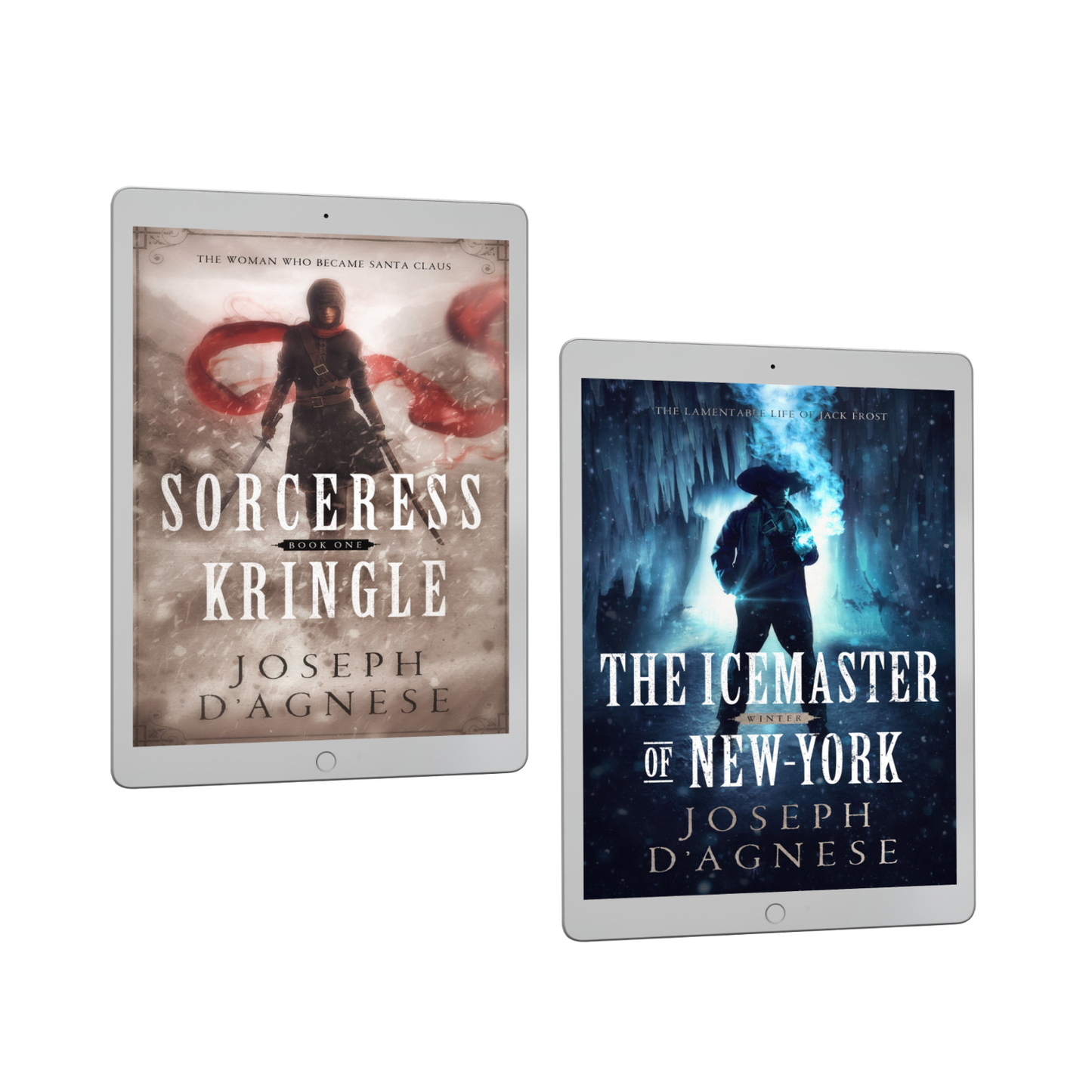 The Kris Kringle Bundle book cover by Joseph D'Agnese, featuring a 3D mockup of two ebooks on e-reader devices: 'Sorceress Kringle' and 'The Icemaster of New-York' sitting side-by-side. The covers depict a female warrior with swords in a snowstorm and a mysterious man in a cavern with icy steam, symbolizing a physical collection of the complete adult fantasy saga of Santa Claus.