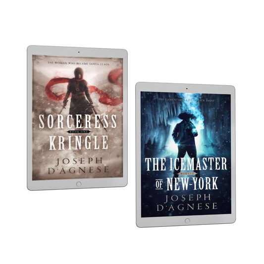 The Kris Kringle Bundle book cover by Joseph D'Agnese, featuring a 3D mockup of two ebooks on e-reader devices: 'Sorceress Kringle' and 'The Icemaster of New-York' sitting side-by-side. The covers depict a female warrior with swords in a snowstorm and a mysterious man in a cavern with icy steam, symbolizing a physical collection of the complete adult fantasy saga of Santa Claus.