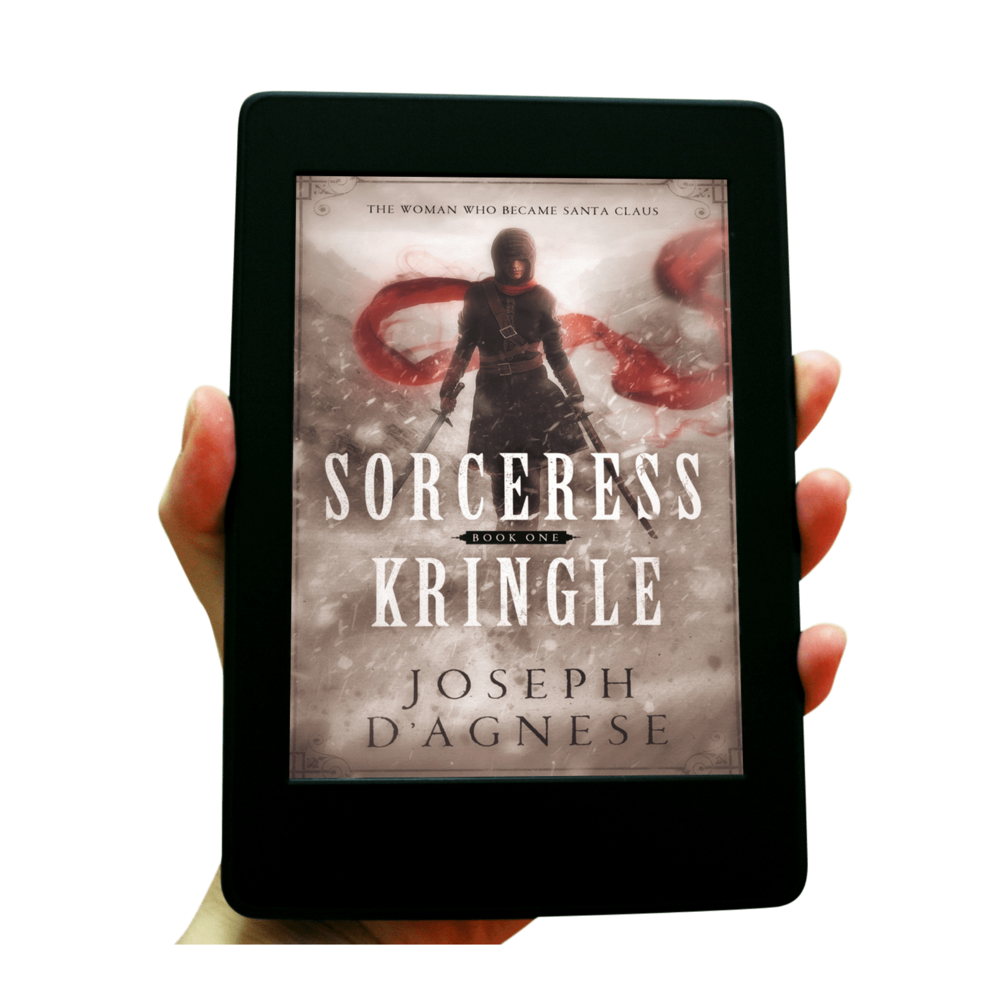 Sorceress Kringle book cover by Joseph D'Agnese, featuring a female warrior in leather armor brandishing two swords (one steel, one wooden) against a wintry snowstorm backdrop. A red scarf flutters in the wind, symbolizing an epic adult fantasy origin story of Santa Claus with action and magic.