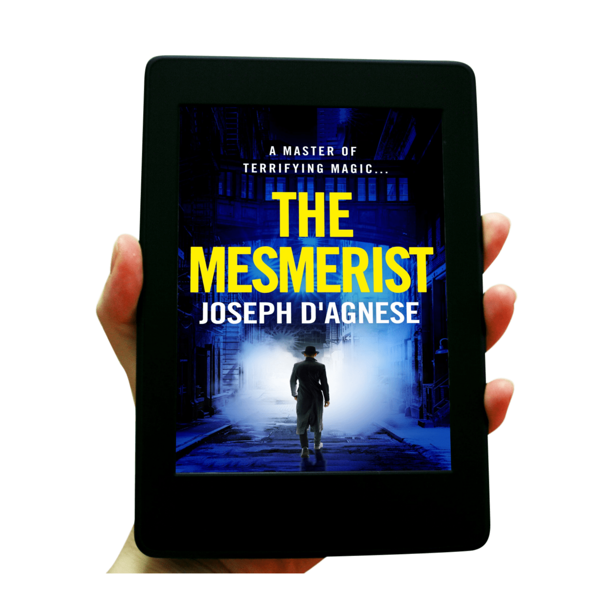 The Mesmerist book cover by Joseph D'Agnese, featuring a noir-style image of a man in a fedora and trench coat walking away into rising steam and fog on a dark urban street, representing a 1970s paranormal thriller set in New York City.