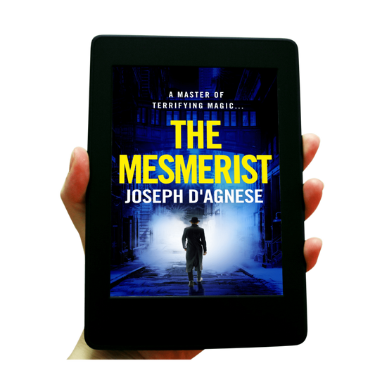 The Mesmerist book cover by Joseph D'Agnese, featuring a noir-style image of a man in a fedora and trench coat walking away into rising steam and fog on a dark urban street, representing a 1970s paranormal thriller set in New York City.