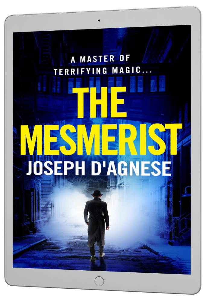 The Mesmerist book cover by Joseph D'Agnese, featuring a noir-style image of a man in a fedora and trench coat walking away into rising steam and fog on a dark urban street, representing a 1970s paranormal thriller set in New York City.