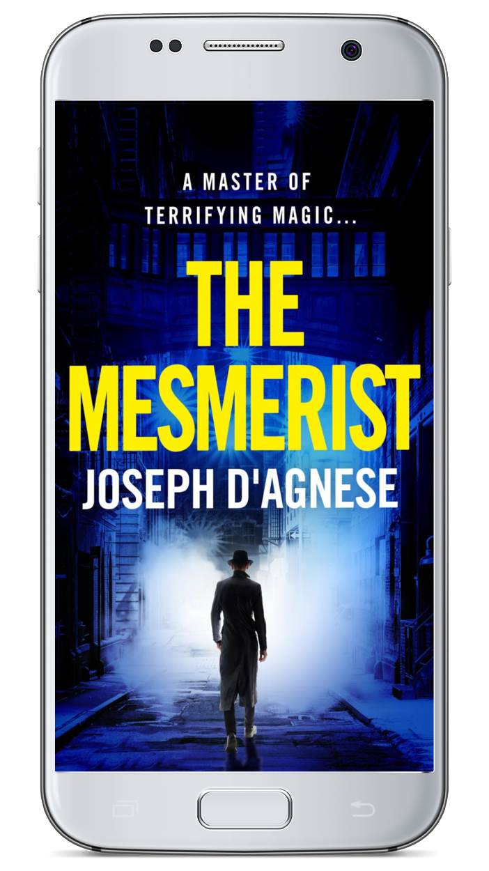 The Mesmerist book cover by Joseph D'Agnese, featuring a noir-style image of a man in a fedora and trench coat walking away into rising steam and fog on a dark urban street, representing a 1970s paranormal thriller set in New York City.