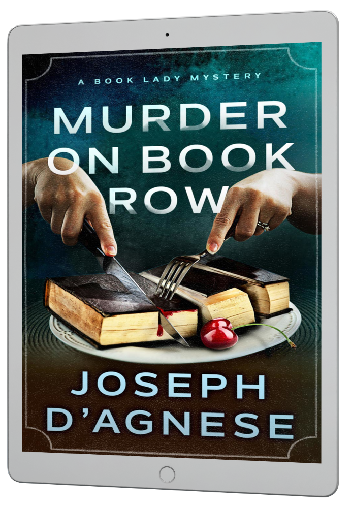 Murder on Book Row book cover by Joseph D'Agnese, featuring a surreal illustration of a hardcover book shaped like a giant squishy pastry on a plate, being sliced by a fork and knife held by a pair of hands. A tiny red cherry sits on the plate, and a trickle of blood oozes from between the book's cover and pages, symbolizing a cozy foodie mystery with a twist of murder.