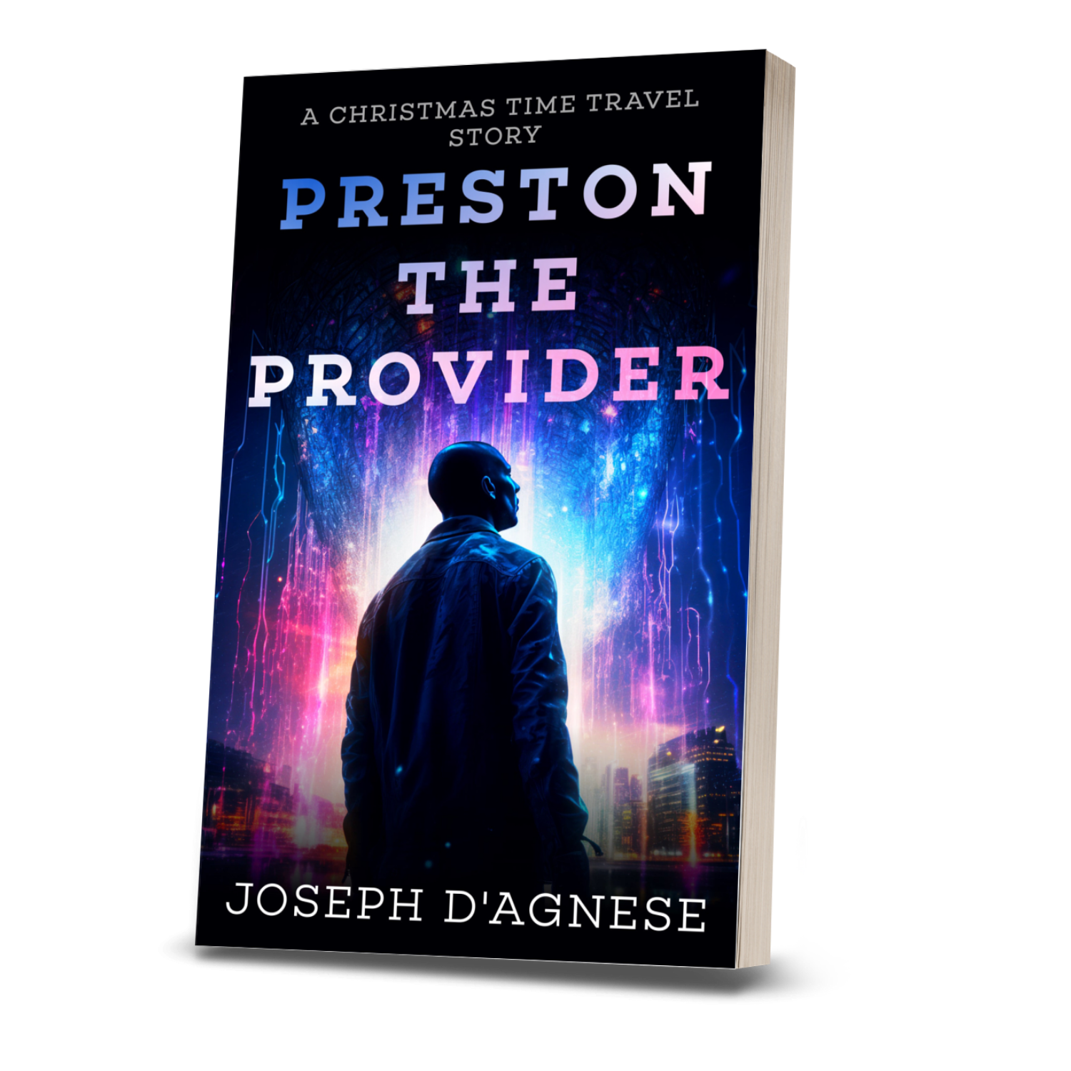 Preston the Provider book cover by Joseph D'Agnese, featuring a young Black man with a shaved head staring up at a glowing, futuristic cityscape enflamed with red, white, and icy blue lightning. The image symbolizes a heartwarming Christmas time-travel novella where a geeky hero bends time to save his family.