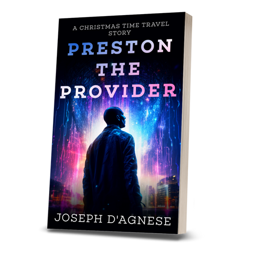 Preston the Provider book cover by Joseph D'Agnese, featuring a young Black man with a shaved head staring up at a glowing, futuristic cityscape enflamed with red, white, and icy blue lightning. The image symbolizes a heartwarming Christmas time-travel novella where a geeky hero bends time to save his family.