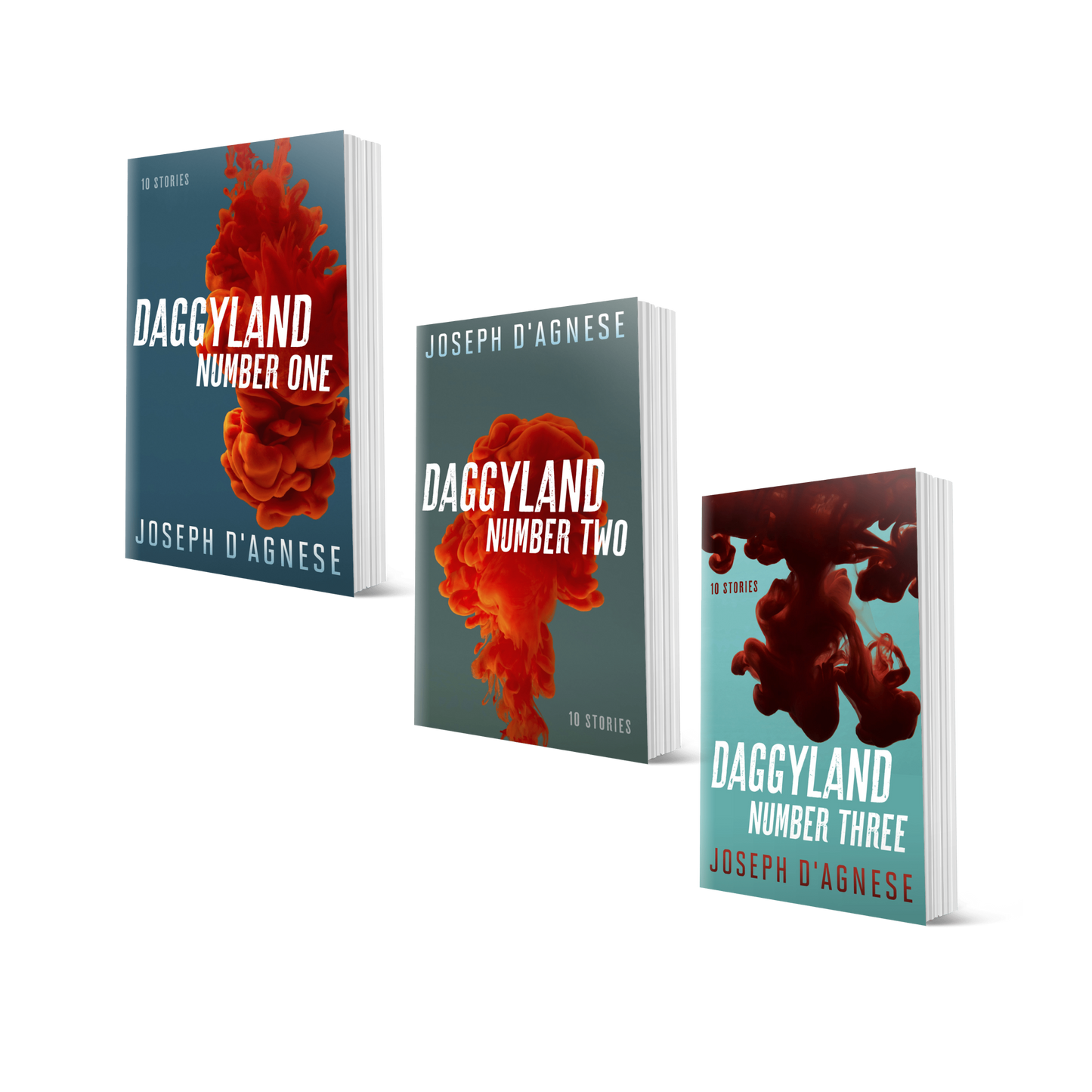 The Daggyland Paperback Bundle book covers by Joseph D'Agnese, featuring 3D mockups of three paperback books: 'Daggyland #1, #2, and #3' stacked together. The covers feature abstract red blood splashes on blue and teal backgrounds, symbolizing a physical collection of 30 diverse mystery and sci-fi short stories.