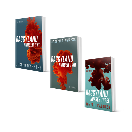The Daggyland Paperback Bundle book covers by Joseph D'Agnese, featuring 3D mockups of three paperback books: 'Daggyland #1, #2, and #3' stacked together. The covers feature abstract red blood splashes on blue and teal backgrounds, symbolizing a physical collection of 30 diverse mystery and sci-fi short stories.