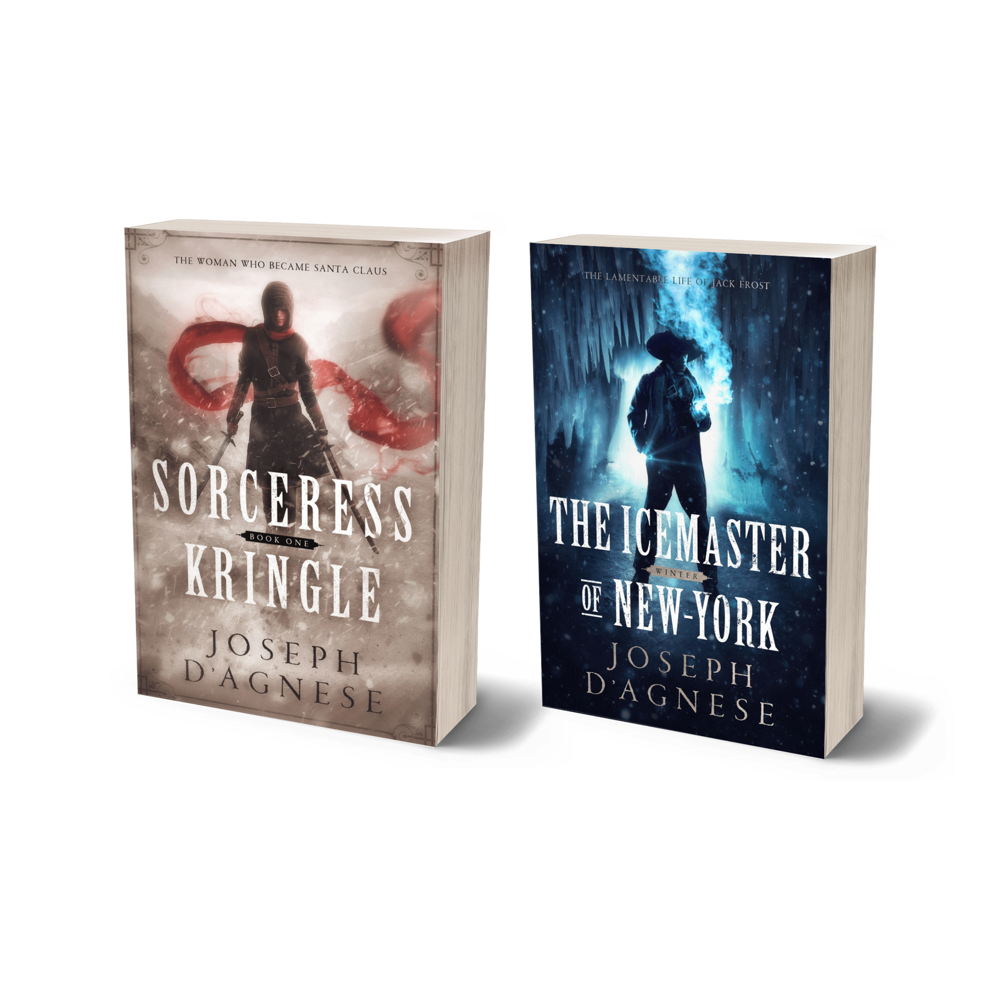 The Kris Kringle Bundle book cover by Joseph D'Agnese, featuring a 3D mockup of two paperback books: 'Sorceress Kringle' and 'The Icemaster of New-York' sitting side-by-side. The covers depict a female warrior with swords in a snowstorm and a mysterious man in a cavern with icy steam, symbolizing a physical collection of the complete adult fantasy saga of Santa Claus.
