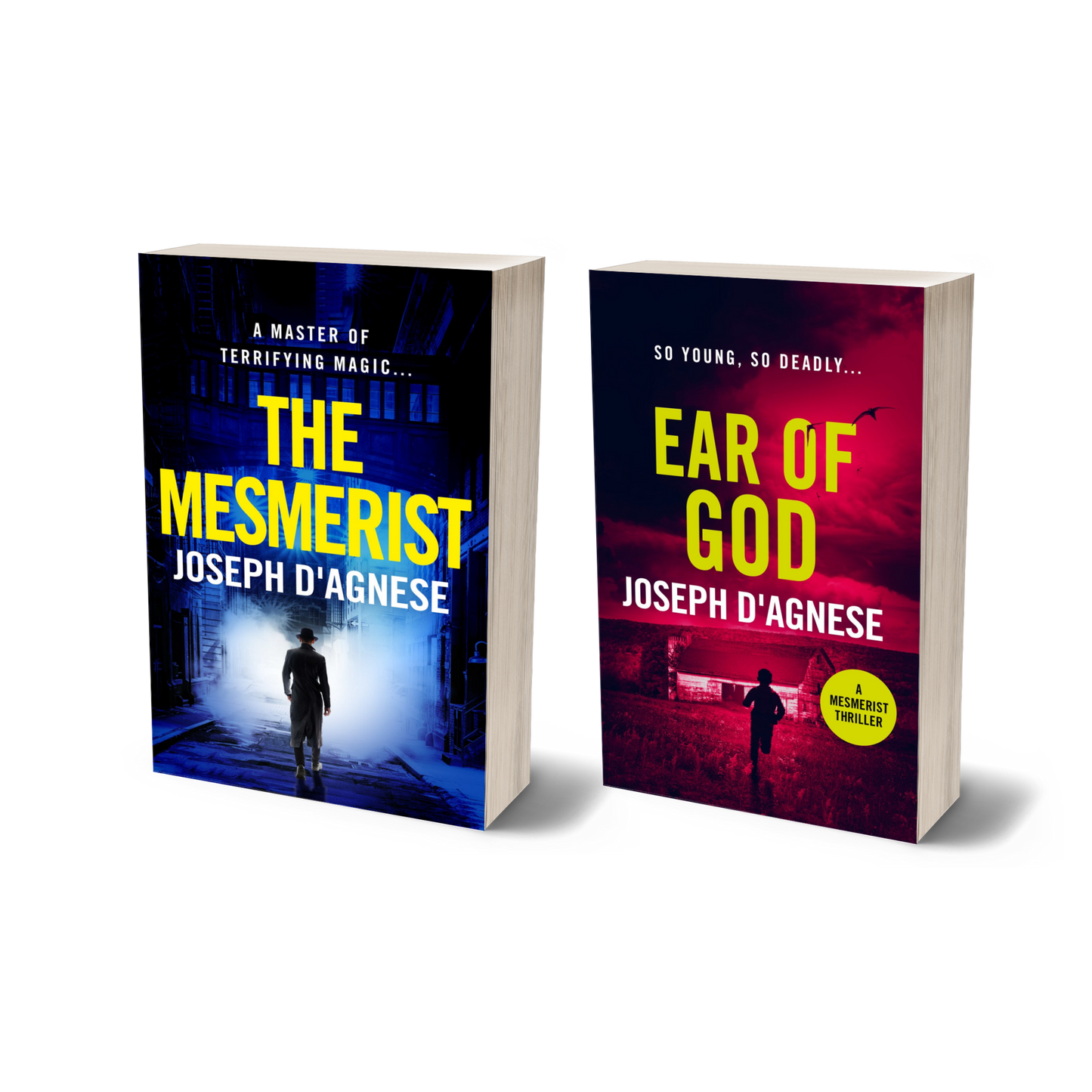 The Mesmerist Thriller Series Bundle book cover by Joseph D'Agnese, featuring a 3D mockup of two paperback books: 'The Mesmerist' and 'Ear of God' sitting side-by-side. Cover 1 depicts a noir detective in a fedora, and Cover 2 depicts a boy running toward a barn under a blood-red sky, symbolizing a physical collection of the complete psychic thriller duology.