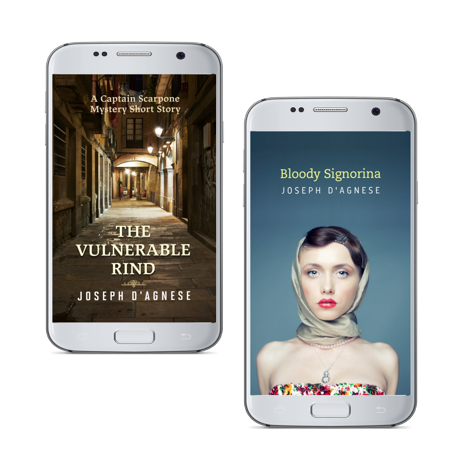 Captain Scarpone Italian Mystery Digital Bundle book covers by Joseph D'Agnese, featuring a digital collage of two ebook covers: a woman with a headscarf, and a nighttime view of a mysterious Roman cobblestoned street lined with twinkling shops. Symbolizes a digital collection of supernatural Italian mysteries and exclusive short stories.