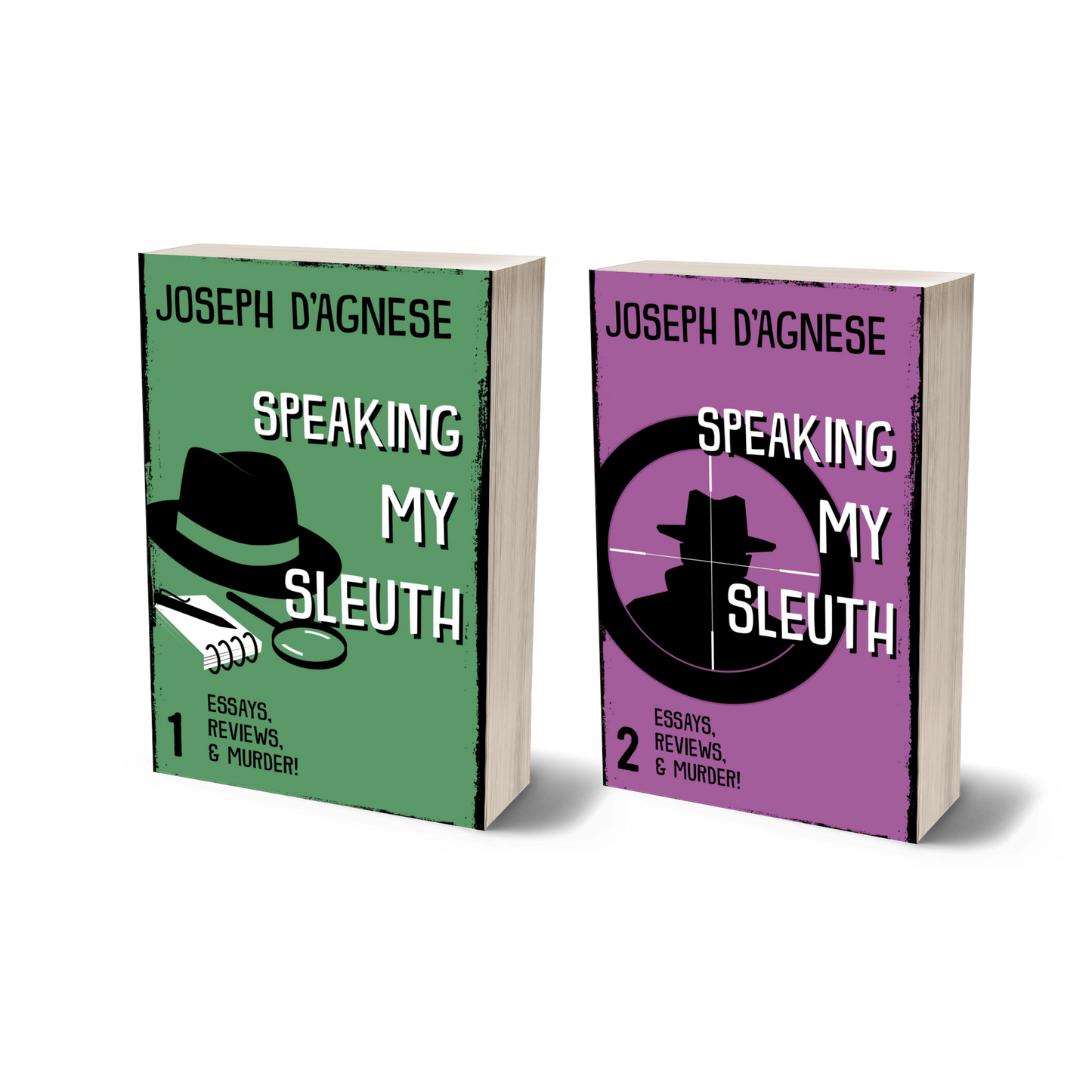 Speaking My Sleuth Bundle book cover by Joseph D'Agnese, featuring a 3D mockup of two paperback books: 'Speaking My Sleuth #1' and '#2' sitting side-by-side. The covers feature a green background with mystery icons (fedora, magnifying glass) and a purple background with a figure in a trench coat, symbolizing a physical collection of essays on mystery writing and literary history.