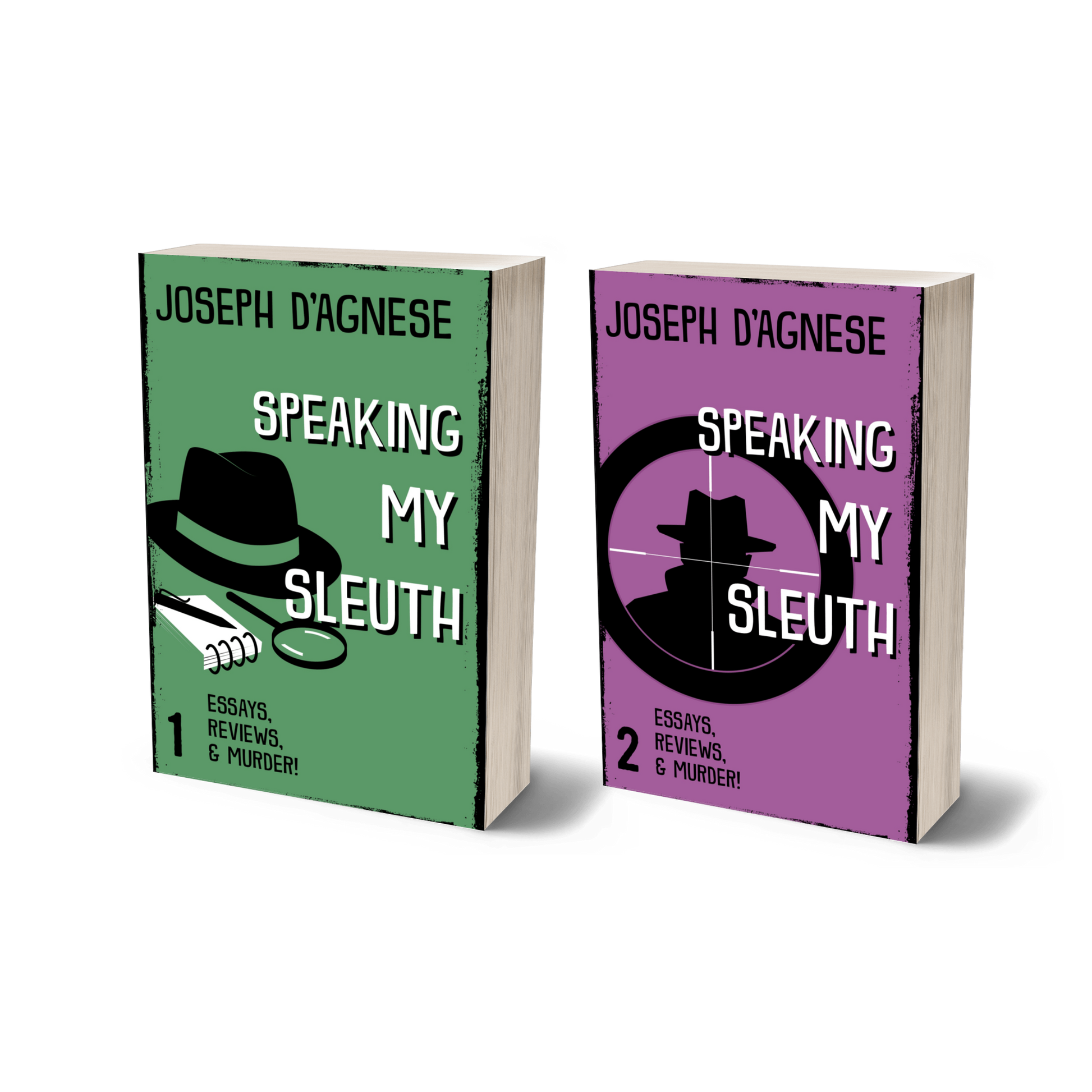 Speaking My Sleuth Bundle book cover by Joseph D'Agnese, featuring a 3D mockup of two paperback books: 'Speaking My Sleuth #1' and '#2' sitting side-by-side. The covers feature a green background with mystery icons (fedora, magnifying glass) and a purple background with a figure in a trench coat, symbolizing a physical collection of essays on mystery writing and literary history.