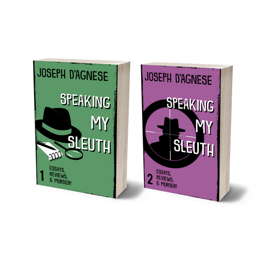 Speaking My Sleuth Bundle book cover by Joseph D'Agnese, featuring a 3D mockup of two paperback books: 'Speaking My Sleuth #1' and '#2' sitting side-by-side. The covers feature a green background with mystery icons (fedora, magnifying glass) and a purple background with a figure in a trench coat, symbolizing a physical collection of essays on mystery writing and literary history.