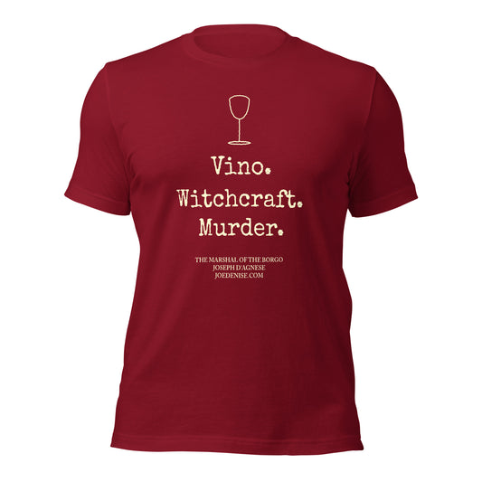 Product mockup of Bella Canvas t-shirt in red featuring a vintage wine glass graphic and the cream text 'Vino. Witchcraft. Murder.' By Joseph D'Agnese.
