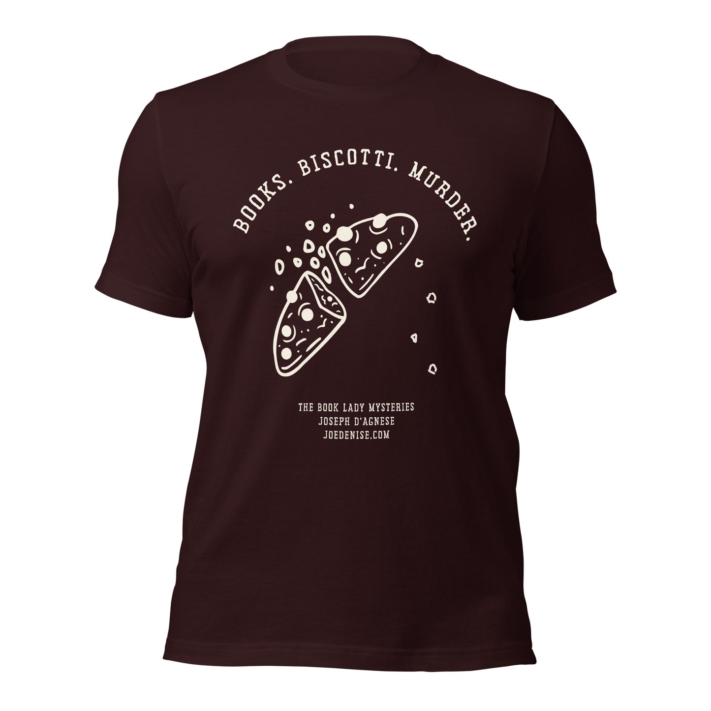 Product mockup of 100% cotton shirt in oxblood black depicting the legend Books Biscotti Murder from the Book Lady mystery novels by Joseph D'Agnesew