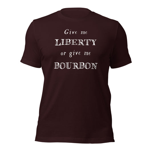 3D image of brown tshirt reading Give Me Liberty of Give Me Bourbon 18th century type, inspired by nonfiction book OBSTINATE DAUGHTERS by Denise Kiernan.